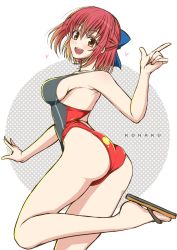 Rule 34 | 1girl, alternate costume, ass, black one-piece swimsuit, blue bow, blush, bow, breasts, brown eyes, character name, commentary request, competition swimsuit, hair between eyes, hair bow, half updo, heart, highres, index finger raised, kiriya (aprikose 0312), kohaku (tsukihime), large breasts, leg up, looking at viewer, one-piece swimsuit, open mouth, red hair, red one-piece swimsuit, sandals, short hair, sideboob, smile, solo, swimsuit, teeth, thighs, tongue, tsukihime, two-tone swimsuit, upper teeth only