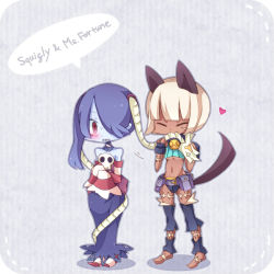 Rule 34 | 2girls, animal ears, bad id, bad pixiv id, bare shoulders, bell, belt, biting, blue hair, blue skin, blush, breasts, cat ears, cat tail, character name, closed eyes, collar, colored skin, cosmicmind, dark-skinned female, dark skin, detached sleeves, english text, fingerless gloves, gloves, hair over one eye, heart, holding, leviathan (skullgirls), long hair, midriff, monster girl, ms. fortune (skullgirls), multiple girls, navel, neck bell, ponytail, purple background, purple eyes, purple hair, red eyes, side ponytail, simple background, skull, skullgirls, sleeveless, sleeves past wrists, squigly (skullgirls), standing, stitched mouth, stitches, striped legwear, striped sleeves, tail, underboob, white hair, zombie