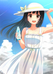Rule 34 | 1girl, :d, black hair, blue sky, bow, brown eyes, cloud, day, dress, gomashio star, hand on headwear, hat, hat bow, highres, open mouth, original, outdoors, ramune, see-through, sky, sleeveless, sleeveless dress, smile, standing, sun hat, sunlight, white dress, white headwear, yellow bow