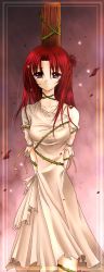 Rule 34 | 1girl, bdsm, bondage, bound, expressionless, highres, long hair, plant, red eyes, red hair, solo, tears, thorns, torn clothes, vines