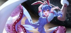 Rule 34 | 1girl, :o, animal ears, blue dress, blue hair, blurry, blurry background, dress, floating hair, food, hair between eyes, holding, kine, long hair, looking ahead, mallet, mochi, moon, non-web source, official art, open mouth, rabbit ears, rabbit girl, red eyes, second-party source, seiran (touhou), shirt, short sleeves, sky, sleeveless, sleeveless dress, socks, solo, space, star (sky), starry sky, sweatdrop, touhou, touhou gensou eclipse, u u zan, upper body, white shirt, white socks