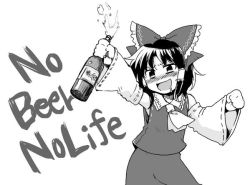 Rule 34 | 1girl, alcohol, ascot, beer, bottle, bow, detached sleeves, drunk, english text, greyscale, hair bow, hair tubes, hakurei reimu, image sample, long hair, monochrome, open mouth, ribbon, smile, solo, tako (plastic protein), touhou