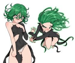 Rule 34 | 1girl, barefoot, black dress, blush, breasts, closed mouth, covered navel, dress, flipped hair, frown, green eyes, green hair, grey background, grey panties, groin, gurumo (twitter), highres, long sleeves, medium hair, multiple views, one-punch man, panties, simple background, single bare shoulder, small breasts, tatsumaki, torn clothes, torn dress, underwear