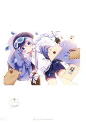 Rule 34 | 1girl, absurdres, artist name, belt, black hat, blue coat, blue eyes, blue shorts, blush, braid, closed mouth, coat, collarbone, dress shirt, floating hair, gochuumon wa usagi desu ka?, goggles, goggles on headwear, hair between eyes, hat, highres, holding, holding letter, kafuu chino, koi (koisan), letter, long hair, long sleeves, looking at viewer, official art, open clothes, open coat, page number, shirt, short shorts, shorts, silver hair, sleeves past wrists, smile, solo, twin braids, twintails, very long hair, white shirt