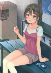 Rule 34 | 1girl, :d, absurdres, arm support, bracelet, brown hair, casual, collarbone, eyebrows, fukahire (ruinon), grey eyes, grey shorts, highres, holding, jewelry, looking at viewer, open mouth, original, popsicle stick, short hair, shorts, sitting, smile, solo, sweatdrop