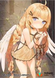 Rule 34 | 1girl, ahoge, angel wings, blonde hair, blue eyes, braid, character request, choker, holding, key, long hair, looking at viewer, low-tied long hair, mx2j, qurare magic library, skirt, sleeveless, smile, solo, twin braids, wings