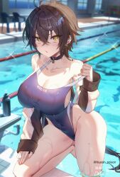 Rule 34 | 1girl, :o, ahoge, ass, bare shoulders, barefoot, black choker, black hair, black jacket, blue one-piece swimsuit, blurry, blurry background, blush, bottle, breasts, chair, chestnut mouth, choker, cleavage, clothes writing, collarbone, competition swimsuit, covered navel, cowlick, crossed bangs, depth of field, diffraction spikes, double-parted bangs, ear piercing, earrings, from side, gluteal fold, hair between eyes, halftone, hand on own thigh, hand up, highres, hwansang jungdog, indoors, jacket, jewelry, lane line, large breasts, long hair, looking at viewer, low ponytail, multicolored clothes, multicolored jacket, multiple earrings, nail polish, off shoulder, on one knee, one-piece swimsuit, open clothes, open jacket, open mouth, original, pendant, pendant choker, piercing, ponytail, pool, poolside, pulled by self, red nails, scowl, sideboob, sleeves past wrists, solo, starting block, strap pull, swimsuit, taut clothes, thighs, tile floor, tiles, track jacket, twitter username, two-tone jacket, v-shaped eyebrows, very long hair, wading, water, water bottle, wet, wet clothes, wet hair, wet swimsuit, white jacket, window, yellow eyes