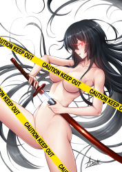 Rule 34 | 1girl, adsouto, akame (akame ga kill!), black hair, breasts, caution tape, collarbone, convenient censoring, glowing, glowing eye, hair over one eye, highres, holding, holding sheath, holding sword, holding weapon, katana, large breasts, long hair, navel, nude, open mouth, red eyes, sheath, signature, solo, sword, underboob, unsheathing, very long hair, weapon, white background