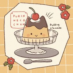 Rule 34 | cherry, commentary request, flower, flower (symbol), food, food focus, fruit, grid, grid background, ice cream cup, nahara saki, no humans, notice lines, orange background, original, pudding, red flower, saucer, spoon, still life