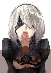 Rule 34 | 1girl, black dress, blindfold, breasts, censored, cleavage, cum, cum on clothes, cum on hair, dress, facial, fellatio, hairband, hews, lips, mole, mole under mouth, nier (series), nier:automata, nipples, one breast out, oral, penis, pov, short hair, silver hair, small breasts, solo focus, upper body, 2b (nier:automata)
