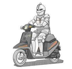 Rule 34 | 1other, armor, full armor, full body, gauntlets, grey footwear, grey headwear, helmet, leg armor, looking to the side, mirai1521, motor vehicle, on scooter, original, riding, scooter, shadow, simple background, vehicle focus, white background