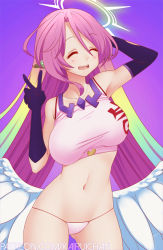 Rule 34 | 1girl, angel wings, anna lee, arm behind head, breasts, closed eyes, spiked halo, feathered wings, gloves, gradient hair, halo, jibril (no game no life), large breasts, long hair, low wings, magic circle, midriff, multicolored hair, navel, no game no life, open mouth, panties, pink hair, smile, solo, stomach, underwear, v, very long hair, white panties, white wings, wing ears, wings