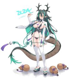 Rule 34 | 1girl, 2024, :d, absurdres, black hair, black horns, black nails, black panties, blush, breast curtains, breasts, chinese zodiac, dragon girl, dragon horns, dragon tail, full body, gourd, green hair, hair between eyes, hattori masaki, highres, horns, large breasts, long hair, looking at viewer, multicolored hair, nail polish, navel, open mouth, original, panties, pointy ears, signature, simple background, smile, solo, tabi, tail, thighhighs, toenail polish, toenails, two-tone hair, underwear, white background, white thighhighs, year of the dragon, yellow eyes