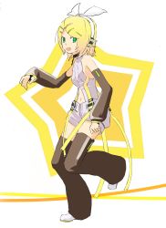 Rule 34 | 1girl, absurdres, black legwear, black shorts, black sleeves, blonde hair, collar, d futagosaikyou, detached sleeves, fingerless gloves, full body, gloves, green eyes, hand up, headphones, highres, kagamine rin, kagamine rin (append), leg up, leg warmers, looking at viewer, navel, open mouth, shirt, shorts, sleeveless, sleeveless shirt, smile, standing, star (symbol), vocaloid, vocaloid append, white footwear, white shirt