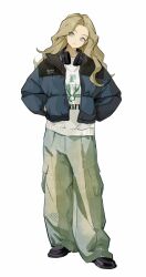 Rule 34 | 1girl, black footwear, blue eyes, blue jacket, closed mouth, expressionless, full body, green pants, hand in pocket, headphones, headphones around neck, highres, jacket, kimura 731, light brown hair, long hair, looking to the side, original, pants, shirt, simple background, solo, standing, white background, white shirt