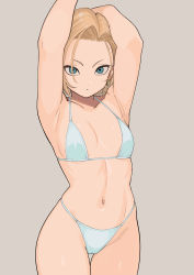 Rule 34 | 1girl, absurdres, android 18, armpits, arms up, bikini, blonde hair, blue eyes, breasts, closed mouth, collarbone, commentary request, dragon ball, dragonball z, earrings, grey background, highleg, highleg bikini, highres, jewelry, medium breasts, navel, parted bangs, rokoido12, shiny skin, short hair, simple background, solo, stomach, swimsuit, thighs