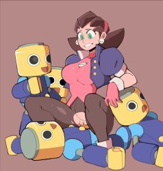 Rule 34 | 1girl, 4boys, black eyes, blue shorts, blush, bodystocking, breasts, brown hair, closed mouth, clothes pull, covered navel, earrings, girl on top, gloves, green eyes, hair slicked back, hairband, hand on another&#039;s head, happy, highres, humanoid robot, jewelry, looking at viewer, lying, medium breasts, mega man (series), mega man legends (series), multiple boys, necklace, open mouth, pink footwear, pink gloves, pink hairband, pink shirt, puffy short sleeves, puffy sleeves, ragingbarbarians, robot, servbot (mega man), sex, shirt, shoes, short hair, short sleeves, shorts, simple background, skull, skull earrings, skull necklace, smile, solo focus, thick thighs, thighs, tron bonne (mega man), vaginal, wide hips