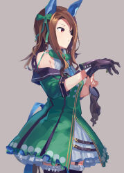 Rule 34 | 1girl, adjusting clothes, adjusting gloves, animal ears, black gloves, breasts, brown hair, closed mouth, dress, ear covers, frilled dress, frilled thighhighs, frills, garter straps, gloves, green dress, green ribbon, grey background, hair ribbon, highres, horse ears, horse girl, king halo (umamusume), long hair, medium breasts, red eyes, ribbon, rid0922, simple background, solo, thighhighs, umamusume