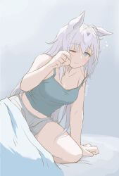 Rule 34 | 1girl, ahoge, animal ears, artist name, bare shoulders, bed, bed sheet, blanket, blue eyes, blue tank top, blush, breasts, cleavage, closed mouth, commentary request, gradient background, grey hair, hair between eyes, highres, horse ears, horse girl, long hair, looking at viewer, medium breasts, midriff, mukakin, multicolored hair, navel, oguri cap (umamusume), one eye closed, shorts, solo, strap slip, streaked hair, tank top, umamusume, very long hair, waking up, white shorts