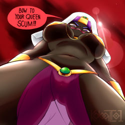Rule 34 | 1girl, black skin, breasts, colored skin, duck dodgers, english text, femdom, highres, jewelry, looking down, navel, no mouth, pov, queen tyr&#039;ahnee, red background, solo, speech bubble, thick thighs, thighs, underboob