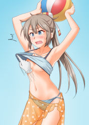 Rule 34 | 1girl, anti (untea9), armpits, assisted exposure, ball, bare shoulders, beachball, bikini, bikini pull, blue background, blue bikini, blue eyes, blush, breasts, breasts out, brown hair, clothes pull, collarbone, convenient arm, convenient censoring, cowboy shot, crying, embarrassed, hair ribbon, highres, holding, holding ball, holding beachball, kantai collection, kazagumo (kancolle), long hair, midriff, navel, official alternate costume, ponytail, ribbon, simple background, small breasts, solo, standing, swimsuit, tsurime, wavy mouth