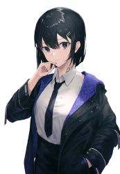 Rule 34 | 1girl, absurdres, bandaid, black coat, black eyes, black hair, black nails, black necktie, black skirt, closed mouth, coat, collared shirt, hair between eyes, hair ornament, hairclip, hand in pocket, highres, huge filesize, long sleeves, looking at viewer, nail polish, necktie, open clothes, open coat, original, pencil skirt, shichi (ratorin53), shirt, short hair, skirt, solo, standing, white background, white shirt, wing collar