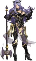 Rule 34 | 1girl, 3d, armor, axe, black armor, black panties, boots, breasts, bustier, camilla (fire emblem), capelet, cleavage, fire emblem, fire emblem fates, fire emblem warriors, full body, gloves, hair over one eye, high heel boots, high heels, highres, large breasts, lips, long hair, nintendo, official art, panties, purple gloves, purple hair, solo, thigh boots, thighhighs, tiara, transparent background, underwear, vambraces, wavy hair, weapon
