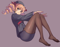 Rule 34 | 1girl, alternate costume, black headwear, black jacket, black pantyhose, black skirt, brown eyes, brown hair, closed mouth, commentary request, dated, drill hair, earrings, feet, full body, grey background, jacket, jewelry, knees together feet apart, knees up, legs, long sleeves, looking at viewer, no shoes, pantyhose, signature, simple background, skirt, smile, solo, syope, toes, touhou, sunken fossil world, twin drills, twitter username, yorigami jo&#039;on