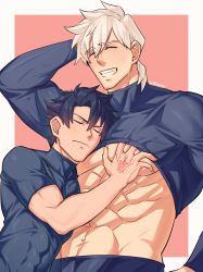 Rule 34 | 2boys, abs, absurdres, arm behind head, bara, bare pectorals, black hair, black shirt, blush, closed eyes, closed mouth, clothes lift, command spell, fate/grand order, fate (series), fujimaru ritsuka (male), grabbing, hand on another&#039;s chest, hand under clothes, highres, large pectorals, male focus, multiple boys, muscular, muscular male, navel, pectoral grab, pectorals, percival (fate), shirt, shirt lift, short hair, simple background, smile, teeth, twitter username, upper body, white hair, yaekaidou, yaoi