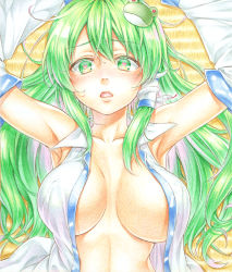 Rule 34 | 1girl, absurdres, breasts, collarbone, collared shirt, colored pencil (medium), commentary request, detached sleeves, female focus, frog hair ornament, green eyes, green hair, hair ornament, hair tubes, heart, heart-shaped pupils, highres, kochiya sanae, large breasts, long hair, looking at viewer, lying, nontraditional miko, nora wanko, on back, open clothes, open shirt, shirt, sleeveless, sleeveless shirt, snake hair ornament, solo, symbol-shaped pupils, tatami, touhou, traditional media, white shirt