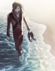 Rule 34 | 1boy, barefoot, beach, black footwear, brown hair, closed eyes, closed mouth, full body, highres, holding, holding shoes, jacket, light smile, male focus, ocean, pants, persona, persona 2, persona 2 batsu, red jacket, red pants, shoes, sleeves rolled up, smile, solo, suou tatsuya, suou tatsuya (persona 2 batsu), track suit, wading, walking, yuusya27