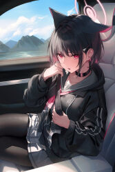 Rule 34 | 1girl, absurdres, animal ears, arm support, black choker, black hair, black jacket, black pantyhose, blue archive, bob cut, car interior, cat ears, choker, cloud, cloudy sky, collarbone, hair ornament, hairclip, halo, highres, hood, hooded jacket, jacket, kazusa (blue archive), kerno, long sleeves, looking at viewer, mountain, multicolored hair, open mouth, outdoors, pantyhose, pink hair, red eyes, school uniform, short hair, sidelocks, sitting, skirt, sky, solo, white skirt