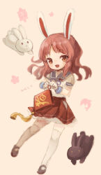 Rule 34 | 1girl, animal ears, blue sailor collar, brown eyes, brown hair, commentary request, dao fu, full body, gloves, hat, hip vent, holding, kantai collection, long hair, pleated skirt, puffy short sleeves, puffy sleeves, rabbit, rabbit ears, red skirt, sailor collar, sailor hat, sailor shirt, school uniform, serafuku, shirt, short sleeves, skirt, thick eyebrows, thighhighs, wavy hair, white gloves, white shirt, white thighhighs, wss (nicoseiga19993411), yashiro (kancolle)