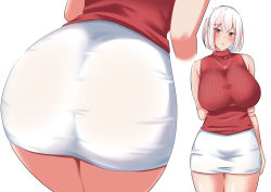 Rule 34 | 1girl, absurdres, alternate costume, arm behind back, ass, ass focus, azur lane, bare shoulders, blush, breasts, cowboy shot, grabbing own arm, hair between eyes, hair ornament, head tilt, highres, huge breasts, jewelry, large breasts, looking at viewer, miniskirt, multiple views, nanohana (november.), necklace, pencil skirt, red eyes, red sweater, short hair, simple background, sirius (azur lane), skirt, sleeveless, sleeveless sweater, sweater, turtleneck, turtleneck sweater, white background, white hair, white skirt