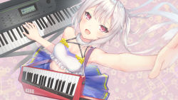 Rule 34 | 1girl, :d, arm up, bare shoulders, blush, breasts, choker, floating hair, floral background, flower, instrument, looking at viewer, looking up, medium breasts, medium hair, open mouth, original, parufeito, red eyes, skirt, smile, solo, white hair