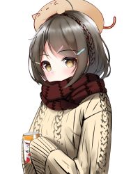 Rule 34 | 1girl, absurdres, aikawa aoi, animal hat, beret, black hair, blush, braid, brown eyes, brown hat, brown scarf, can, cat hat, copyright request, hair ornament, hairclip, hat, highres, holding, holding can, looking at viewer, nekobaka, scarf, short hair, simple background, sleeves past wrists, solo, transparent background, upper body, virtual youtuber, white background