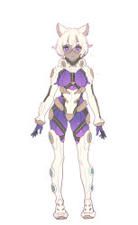 1girl, :3, animal ears, arms at sides, bodysuit, cat ears, closed mouth, commentary request, concept art, dark skin, dark skinned female, dot nose, enkyo yuuichirou, full body, glasses, gloves, looking at viewer, original, pince-nez, purple bodysuit, purple eyes, purple gloves, short hair, solo, standing, translated, white hair