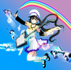Rule 34 | 1girl, argyle, argyle clothes, argyle legwear, bad id, bad pixiv id, black hair, cameo, girl with golden shoe, guitar, hat, instrument, kin no kutsu gin no kutsu, kouno (masao), long hair, mary janes, musical note, original, rainbow, shoes, silver shoe, solo, stylus, thighhighs, twintails