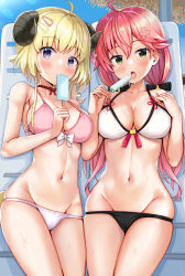 Rule 34 | 2girls, absurdres, ahoge, alternate costume, animal ears, armpit crease, asymmetrical hair, beach chair, beach umbrella, bikini, black bikini, blonde hair, blue sky, blush, breasts, choker, cleavage, collarbone, commentary, covered mouth, cowboy shot, day, flower, flower knot, food, food on body, food on breasts, green eyes, groin, hair between eyes, hair flower, hair ornament, hairclip, highres, holding, holding food, hololive, horns, long hair, looking at viewer, lowleg, lowleg bikini, medium breasts, medium hair, melting, multiple girls, navel, nootomo, open mouth, outdoors, pink bikini, pink hair, popsicle, purple eyes, red choker, sakura miko, saliva, saliva trail, sheep ears, sheep girl, sheep horns, sheep tail, sidelocks, skindentation, sky, stomach, string bikini, sunlight, swimsuit, tail, thighs, tongue, tongue out, tsunomaki watame, twintails, umbrella, virtual youtuber, wet, white bikini