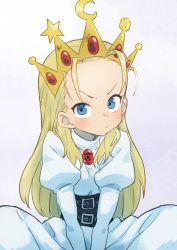 Rule 34 | 1girl, blonde hair, blue eyes, capcom, commentary request, corset, crown, cyberbots, devilot de deathsatan ix, dress, forehead, gazacy (dai), gem, highres, jewelry, juliet sleeves, long hair, long sleeves, looking at viewer, pout, puffy sleeves, solo, v-shaped eyebrows, v arms, white dress