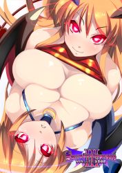 Rule 34 | 2girls, asymmetrical docking, bare shoulders, breast press, breast rest, breasts, brown hair, comic, demon girl, demon tail, demon wings, glowing, glowing eyes, highres, horns, hypnosis, large breasts, looking at viewer, mind control, monster girl, multiple girls, original, red eyes, shiki (psychedelic g2), smile, tail, wings