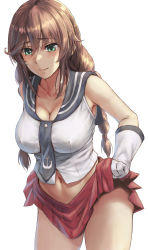 Rule 34 | 1girl, black neckerchief, black sailor collar, blush, braid, breasts, brown hair, cleavage, closed mouth, clothes lift, collarbone, commentary request, cowboy shot, elbow gloves, gloves, green eyes, hair between eyes, highres, kantai collection, kokuzou, large breasts, lifting own clothes, long hair, looking at viewer, miniskirt, navel, neckerchief, noshiro (kancolle), pleated skirt, red skirt, sailor collar, school uniform, serafuku, shirt, simple background, skirt, skirt lift, sleeveless, sleeveless shirt, smile, solo, stomach, thighs, twin braids, very long hair, white background, white gloves, white shirt