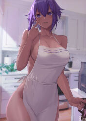 Rule 34 | 1girl, absurdres, apron, bare shoulders, blush, breasts, cleavage, collarbone, dark-skinned female, dark skin, fate/grand order, fate (series), hassan of serenity (fate), highres, kakeku, looking at viewer, medium breasts, naked apron, open mouth, pointing, pointing at self, purple eyes, purple hair, short hair, sideboob, sidelocks, solo, white apron