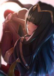 Rule 34 | 1girl, aduti momoyama, black cape, black eyes, black hair, blunt bangs, bodystocking, bracelet, bridal gauntlets, cape, chromatic aberration, fire emblem, fire emblem awakening, gradient background, hands on own leg, highres, jewelry, loincloth, long hair, looking at viewer, multicolored cape, multicolored clothes, nintendo, nose, parted lips, pink lips, red cape, simple background, solo, tharja (fire emblem), thighlet, tiara, two side up, white background
