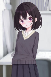 Rule 34 | 1girl, absurdres, arms behind back, black hair, black skirt, collared shirt, commentary, cowboy shot, dress shirt, grey sweater, highres, indoors, light frown, long sleeves, looking at viewer, original, parted lips, pleated skirt, purple eyes, shirt, shooko, short hair, skirt, solo, sweater, v-neck, white shirt