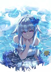 Rule 34 | 1girl, absurdres, bare shoulders, bird, blue flower, blue hair, blue ribbon, closed mouth, collarbone, commentary request, dress, flower, hair flower, hair ornament, hand on own chin, highres, innertube, lize helesta, long hair, looking at viewer, multicolored hair, nijisanji, off-shoulder dress, off shoulder, partially submerged, purple eyes, ribbon, sebastian piyodore, short sleeves, silver hair, solo, swim ring, takena-c, two-tone hair, very long hair, virtual youtuber, water, white dress