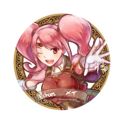 Rule 34 | 1girl, armor, breastplate, circlet, copyright name, fire emblem, fire emblem echoes: shadows of valentia, gloves, long hair, mae (fire emblem), nintendo, one eye closed, open mouth, pink hair, red eyes, simple background, solo, tarayuki, teeth, twintails, white background