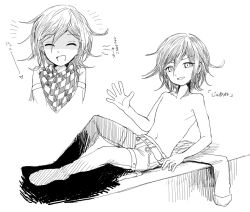 Rule 34 | 1boy, a 10sun, checkered clothes, checkered scarf, collarbone, danganronpa (series), danganronpa v3: killing harmony, flipped hair, greyscale, hair between eyes, hand up, looking at viewer, male focus, monochrome, multiple views, navel, open mouth, oma kokichi, pants, scarf, short hair, sitting, smile, topless male, translation request