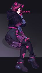 Rule 34 | 1girl, apex legends, ass, black footwear, black headwear, black jacket, black thighhighs, blue eyes, boots, commentary, cyber punked wattson, english commentary, eyepatch, from side, highres, hood, hooded jacket, horns, jacket, looking at viewer, mechanical arms, mechanical legs, official alternate costume, one eye covered, pink hair, sitting, smile, solo, thighhighs, vesper (v17-20), wattson (apex legends)