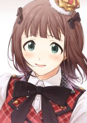 Rule 34 | 1girl, :d, amami haruka, black bow, black neckwear, bow, brown hair, collared shirt, crown, dress shirt, green eyes, hair bow, idolmaster, idolmaster (classic), idolmaster million live!, mini crown, nogoodlife, open mouth, plaid, plaid vest, portrait, prologue rouge (idolmaster), red vest, shirt, short hair, simple background, smile, solo, vest, white background, white shirt, wing collar